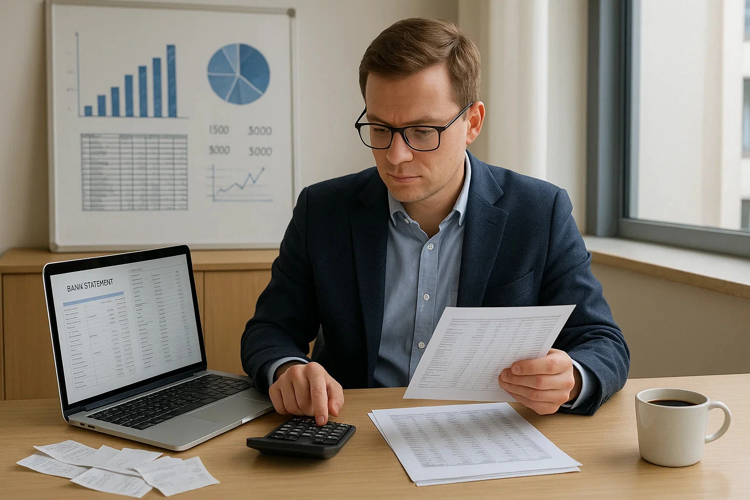 En mannlig regnskapsfører i dress og briller jobber på kontor, ser gjennom regnskapspapirer mens han bruker kalkulator. På bordet ligger en bærbar PC med bankutskrift på skjermen, flere papirer, og en kaffekopp. I bakgrunnen vises grafer på en tavle.